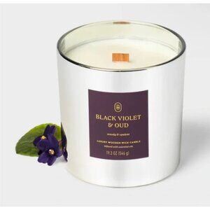 Black Violet & Oud Luxury Wooden Wick Candle 19.3oz Silver Jar Infused With Esse